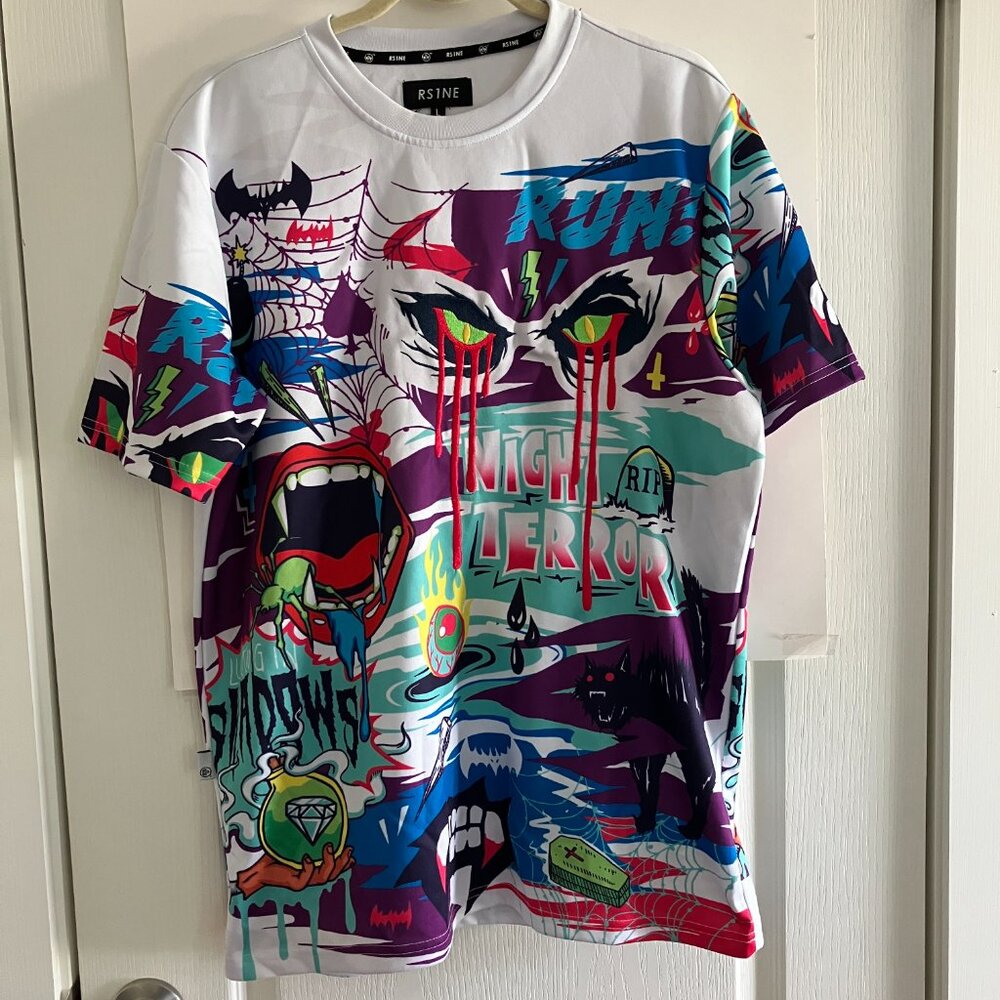 RS1NE Graphic Print T-Shirt Night Terror Double Sided Size Large Halloween.